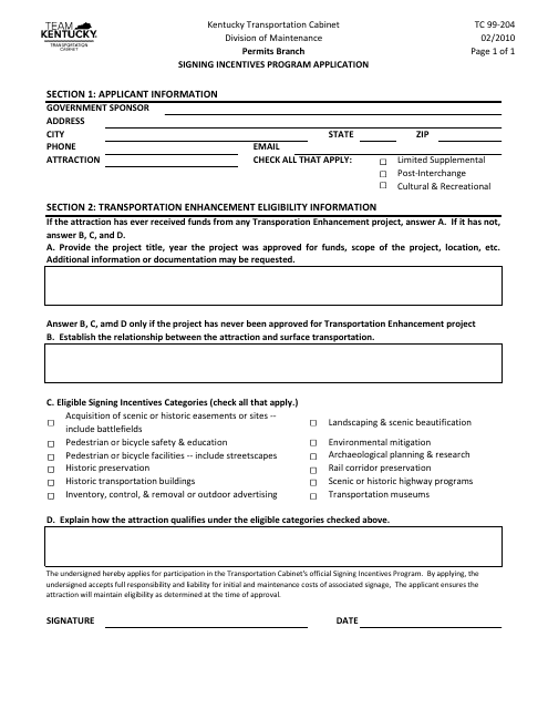 Form TC99-204 Signing Incentives Program Application - Kentucky