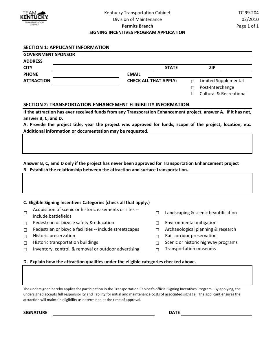 Form TC99-204 Signing Incentives Program Application - Kentucky, Page 1