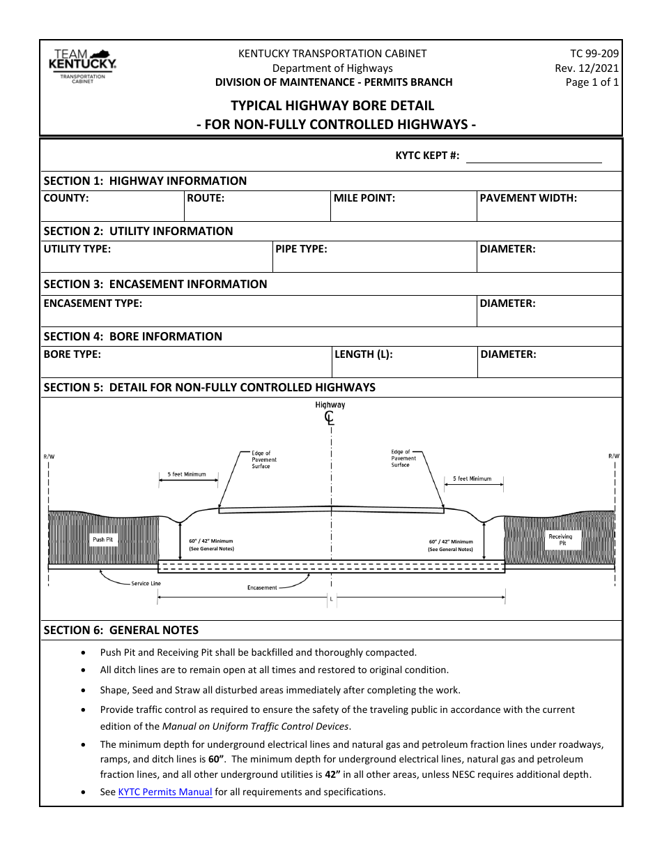 Form TC99-209 Typical Highway Bore Detail for Non-fully Controlled Highways - Kentucky, Page 1