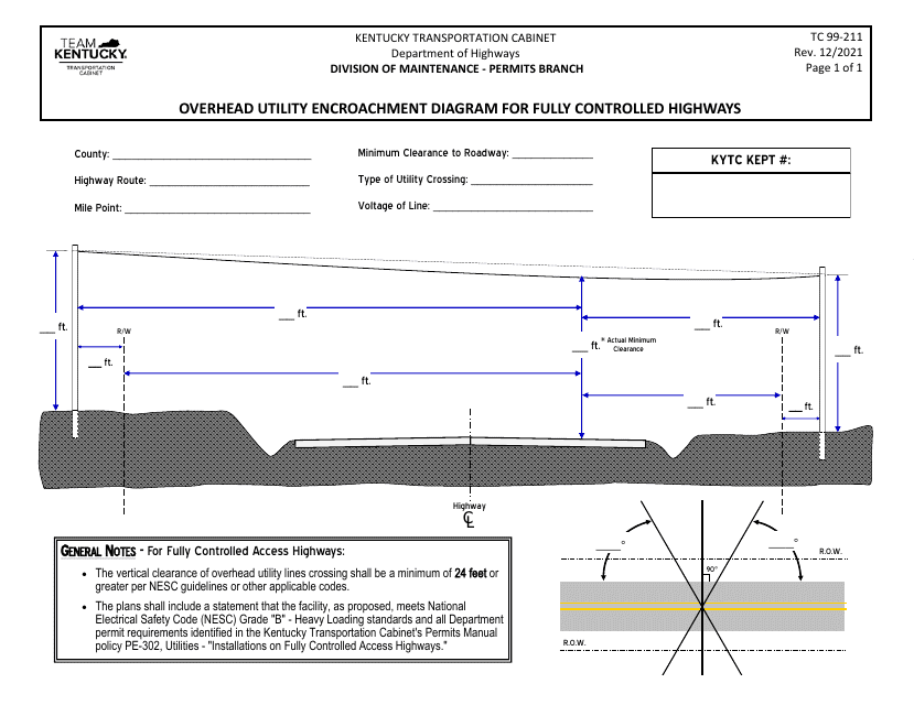 Form TC99-211 Overhead Utility Encroachment Diagram for Fully Controlled Highways - Kentucky