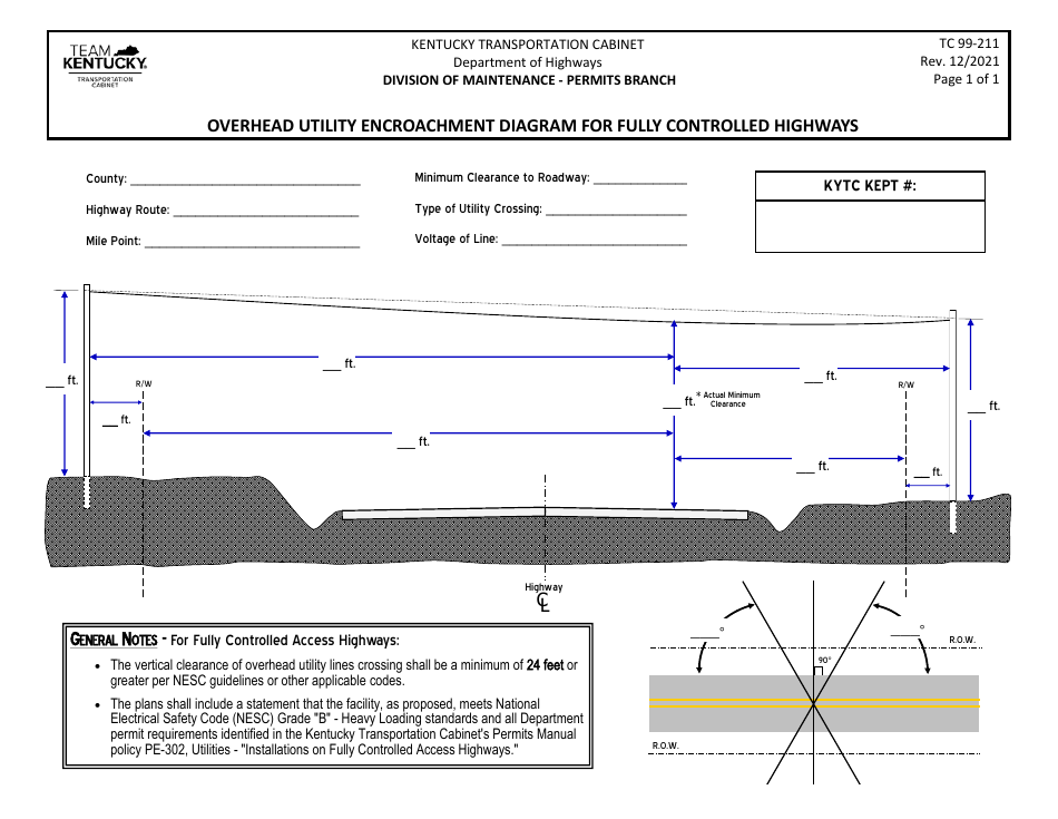 Form TC99-211 Overhead Utility Encroachment Diagram for Fully Controlled Highways - Kentucky, Page 1