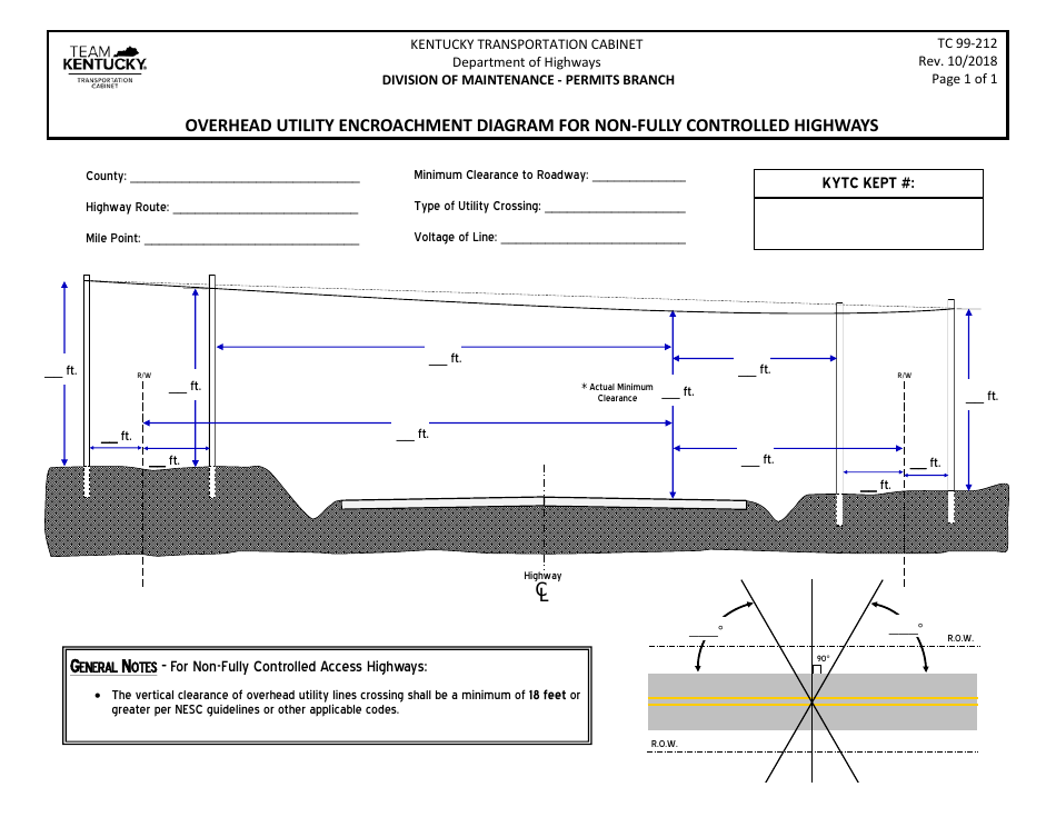 Form TC99-212 Overhead Utility Encroachment Diagram for Non-fully Controlled Highways - Kentucky, Page 1