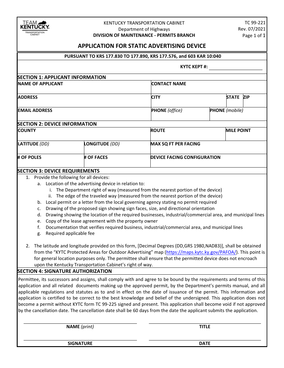 Form TC99-221 Application for Static Advertising Device - Kentucky, Page 1