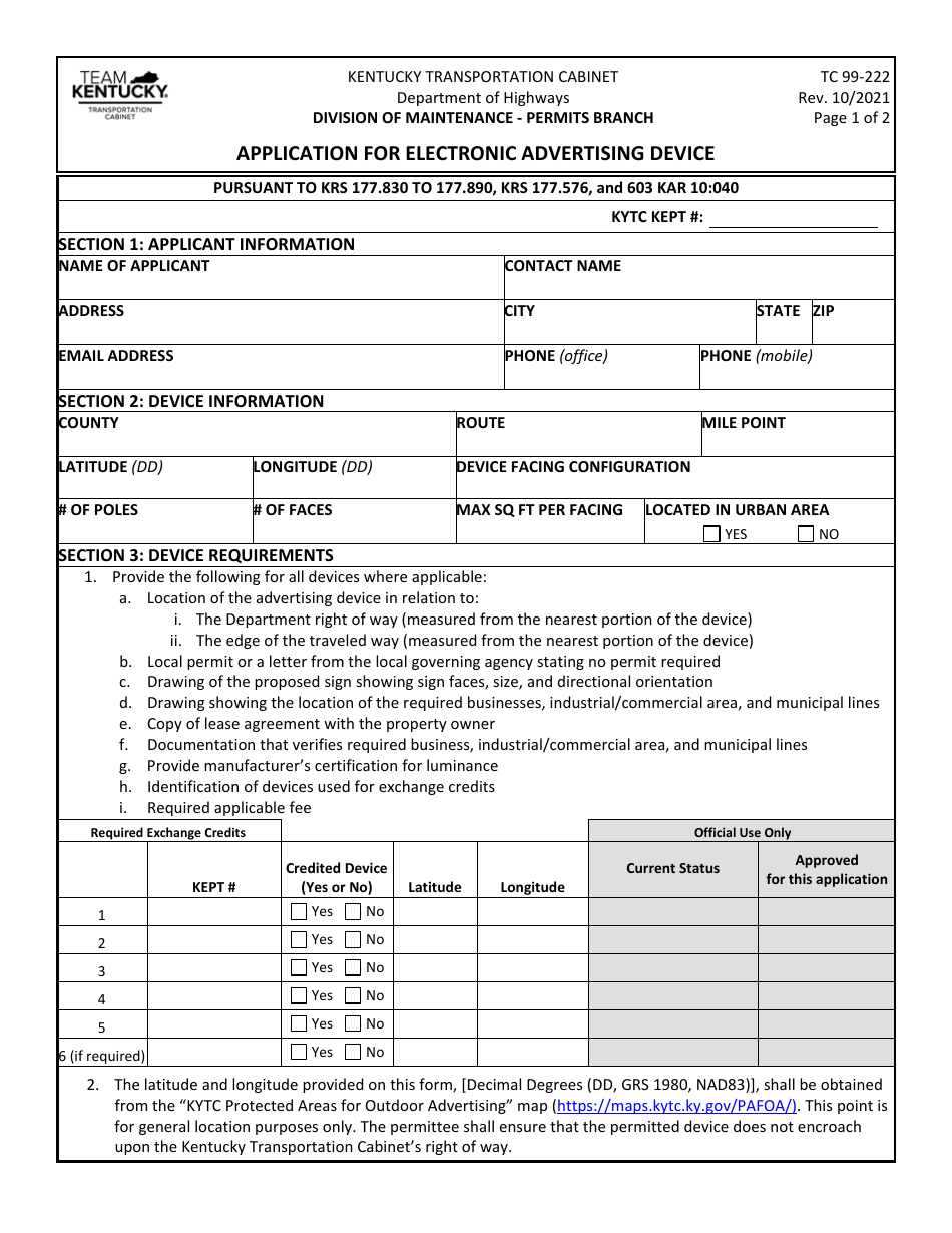 Form TC99-222 Application for Electronic Advertising Device - Kentucky, Page 1