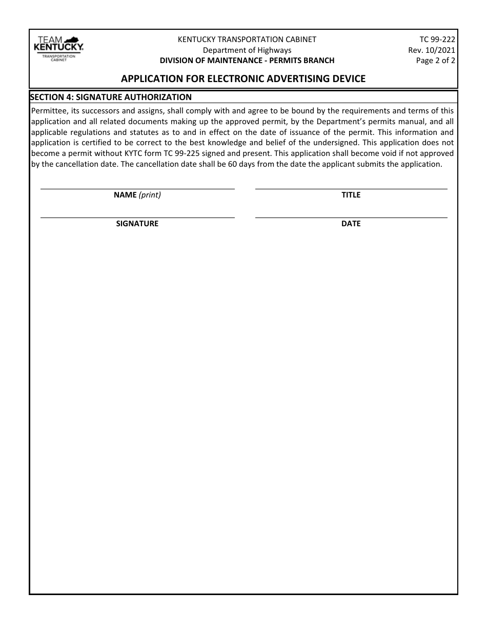 Form TC99-222 Application for Electronic Advertising Device - Kentucky, Page 2