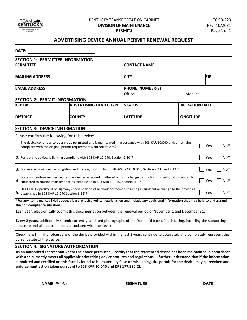 Form TC99-223 Advertising Device Annual Permit Renewal Request - Kentucky, Page 1