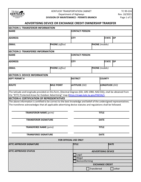 Form TC99-224 Advertising Device or Exchange Credit Ownership Transfer - Kentucky