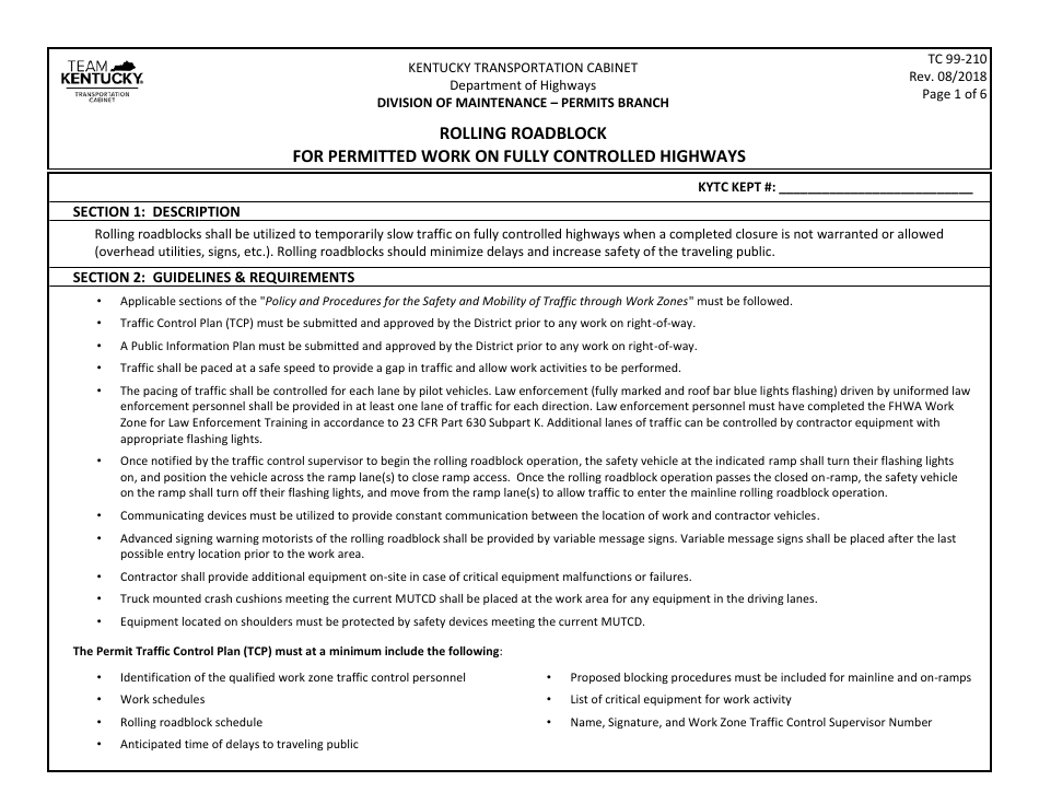 Form TC99-210 Rolling Roadblock for Permitted Work on Fully Controlled Highways - Kentucky, Page 1