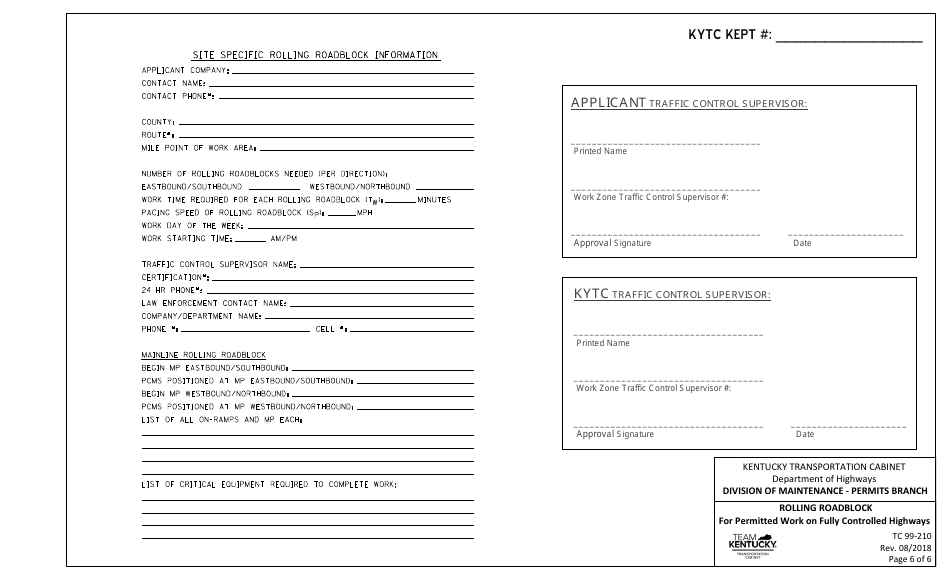 Form TC99-210 Rolling Roadblock for Permitted Work on Fully Controlled Highways - Kentucky, Page 6