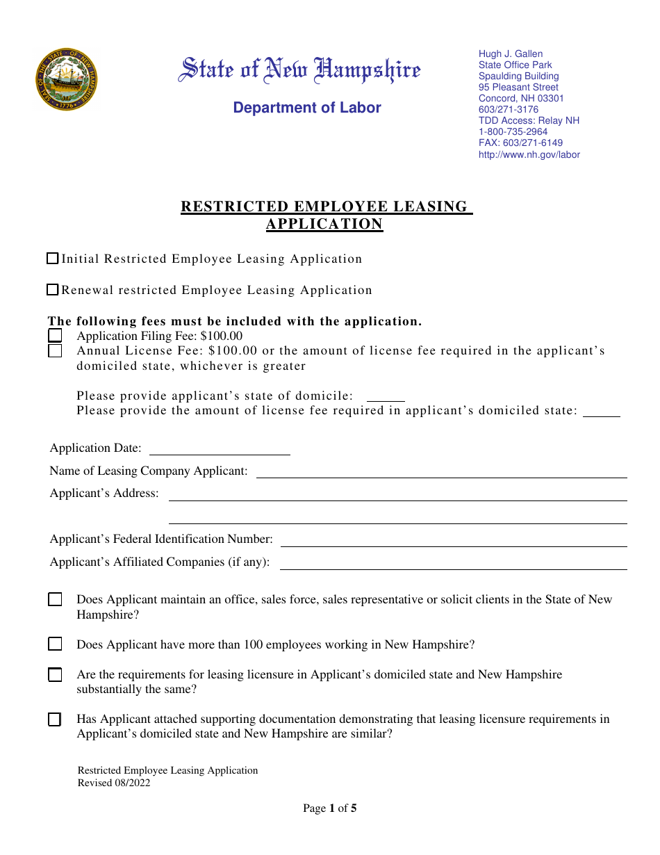 Restricted Employee Leasing Application - New Hampshire, Page 1