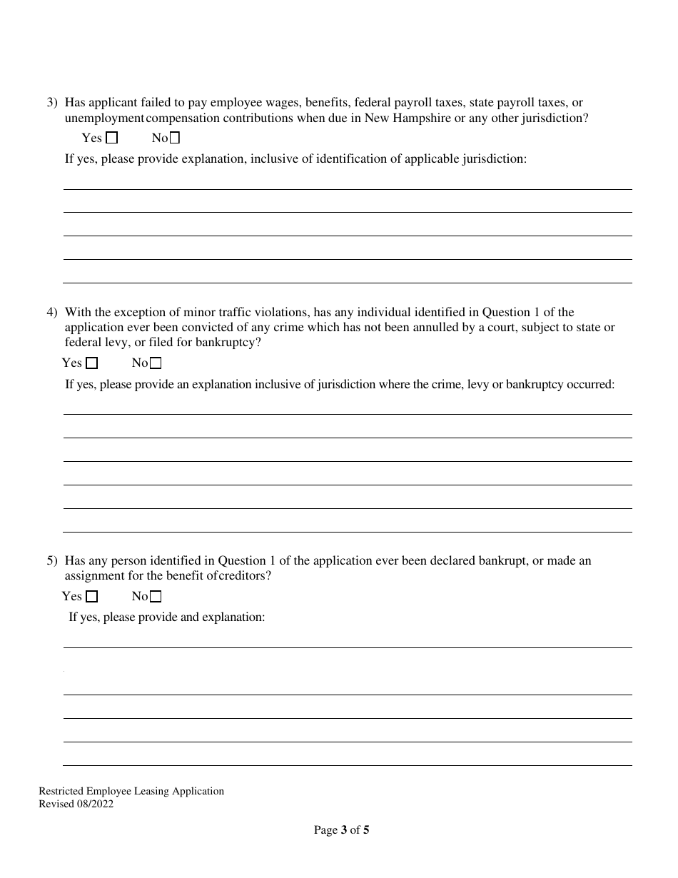 Restricted Employee Leasing Application - New Hampshire, Page 3