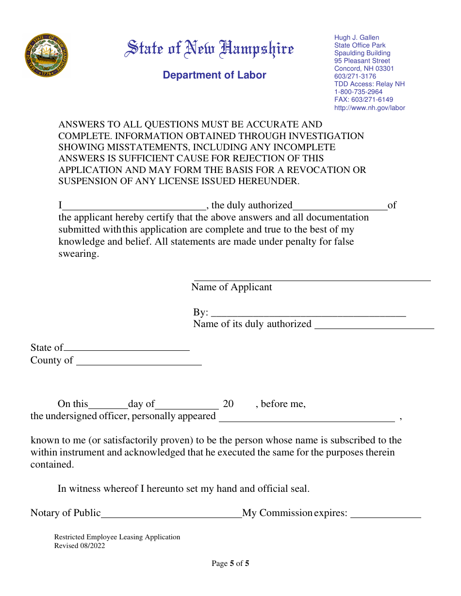 Restricted Employee Leasing Application - New Hampshire, Page 5
