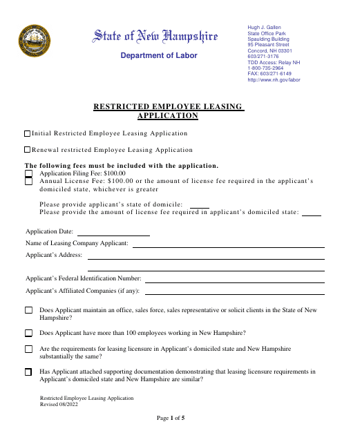 Restricted Employee Leasing Application - New Hampshire Download Pdf