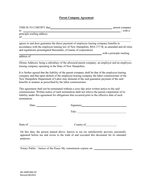 Form WC-EMPLSNG-PC Parent Company Agreement - New Hampshire