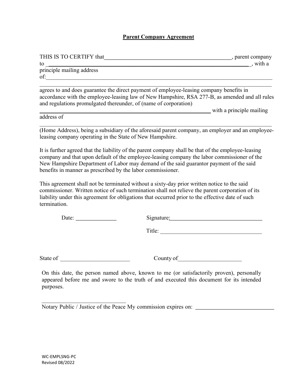 Form WC-EMPLSNG-PC Parent Company Agreement - New Hampshire, Page 1