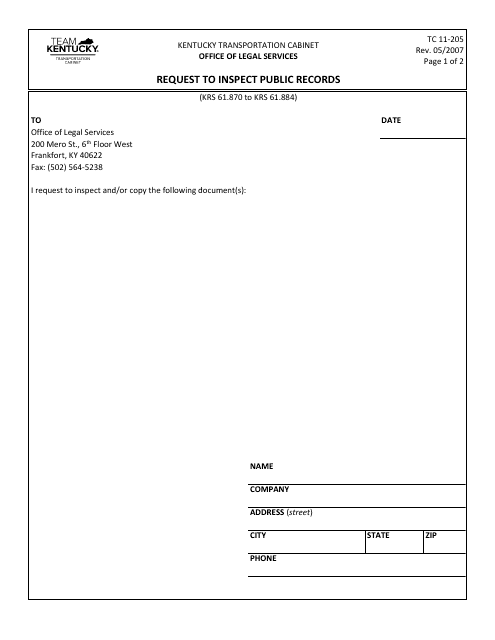 Document preview: Form TC11-205 Request to Inspect Public Records - Kentucky