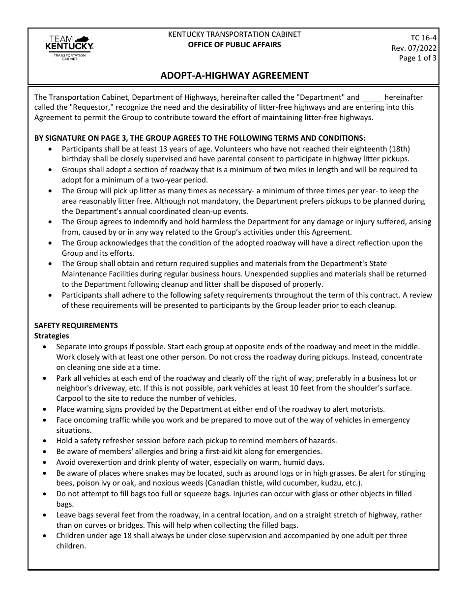 Form TC16-4 Adopt-A-highway Agreement - Kentucky, Page 1