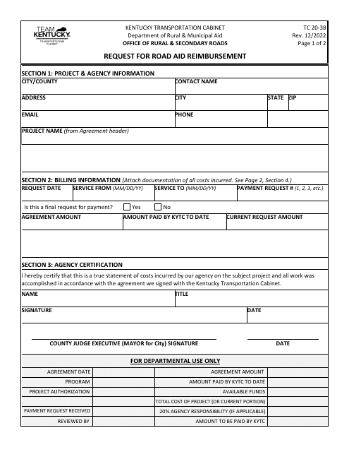 Form TC20-38 Request for Road Aid Reimbursement - Kentucky