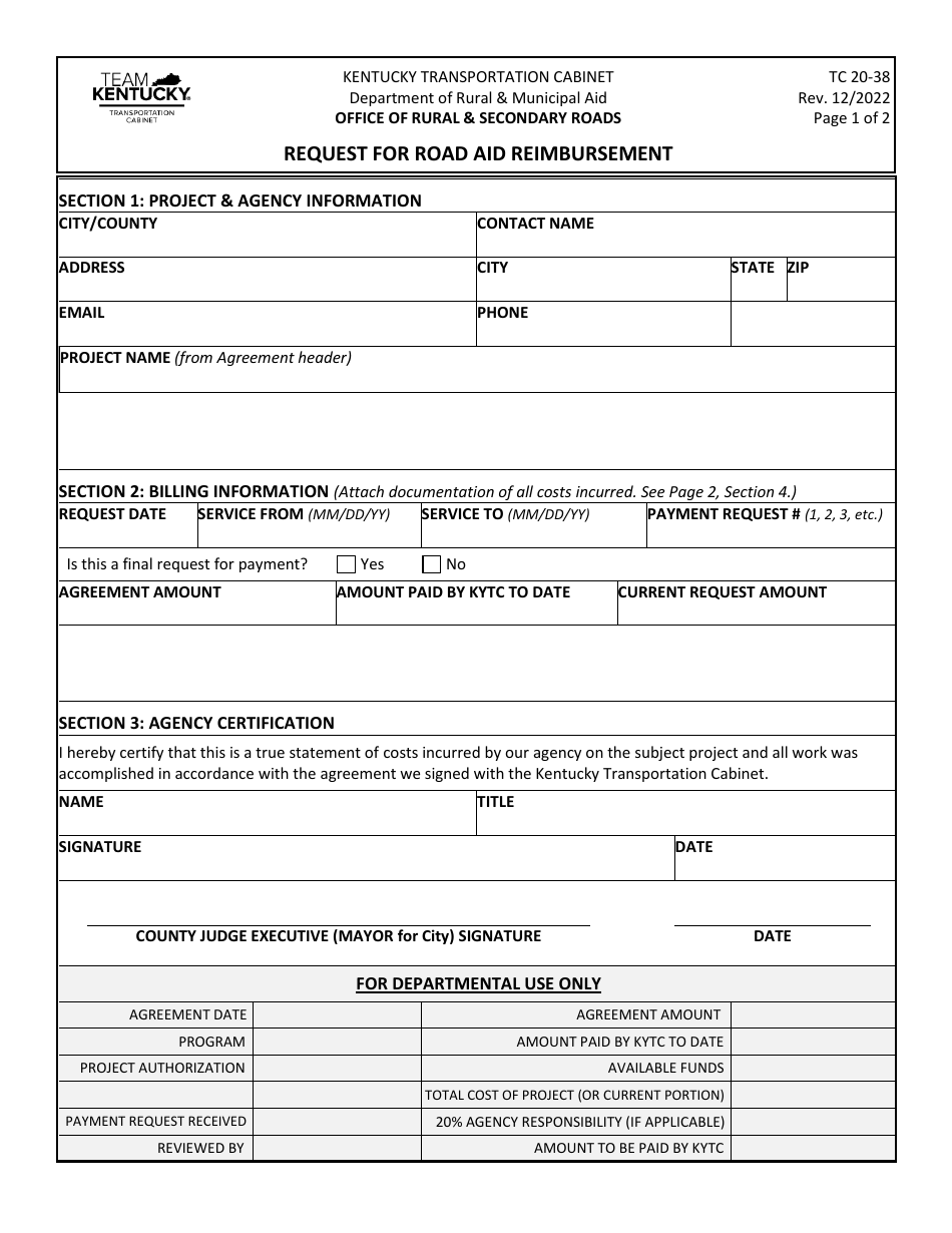 Form TC20-38 Request for Road Aid Reimbursement - Kentucky, Page 1