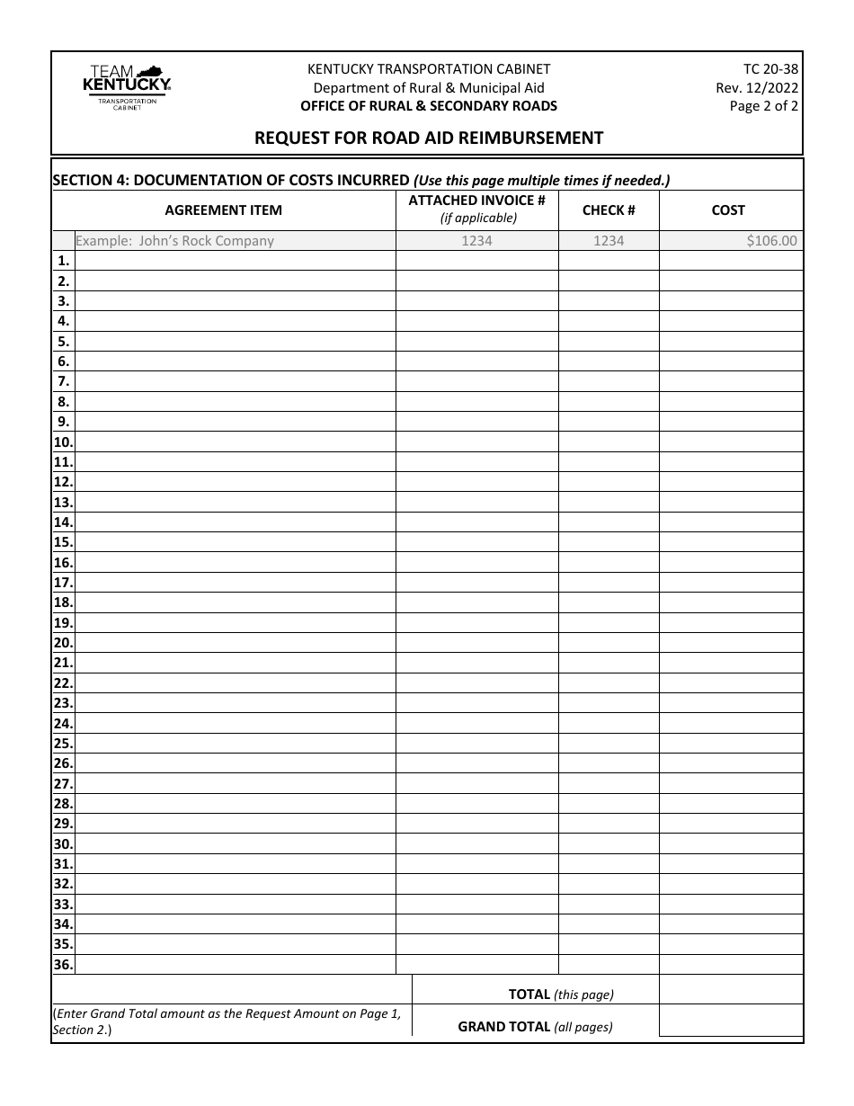 Form TC20-38 Request for Road Aid Reimbursement - Kentucky, Page 2