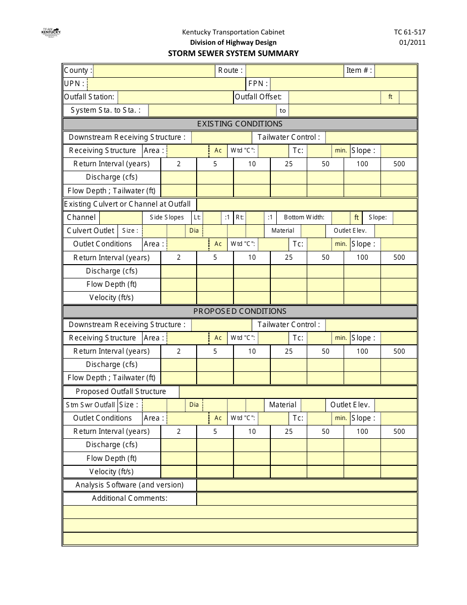 Form TC61-517 Storm Sewer System Summary - Kentucky, Page 1