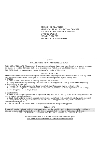 Form TC59-100 Coal Shipment Route and Tonnage Report - Kentucky