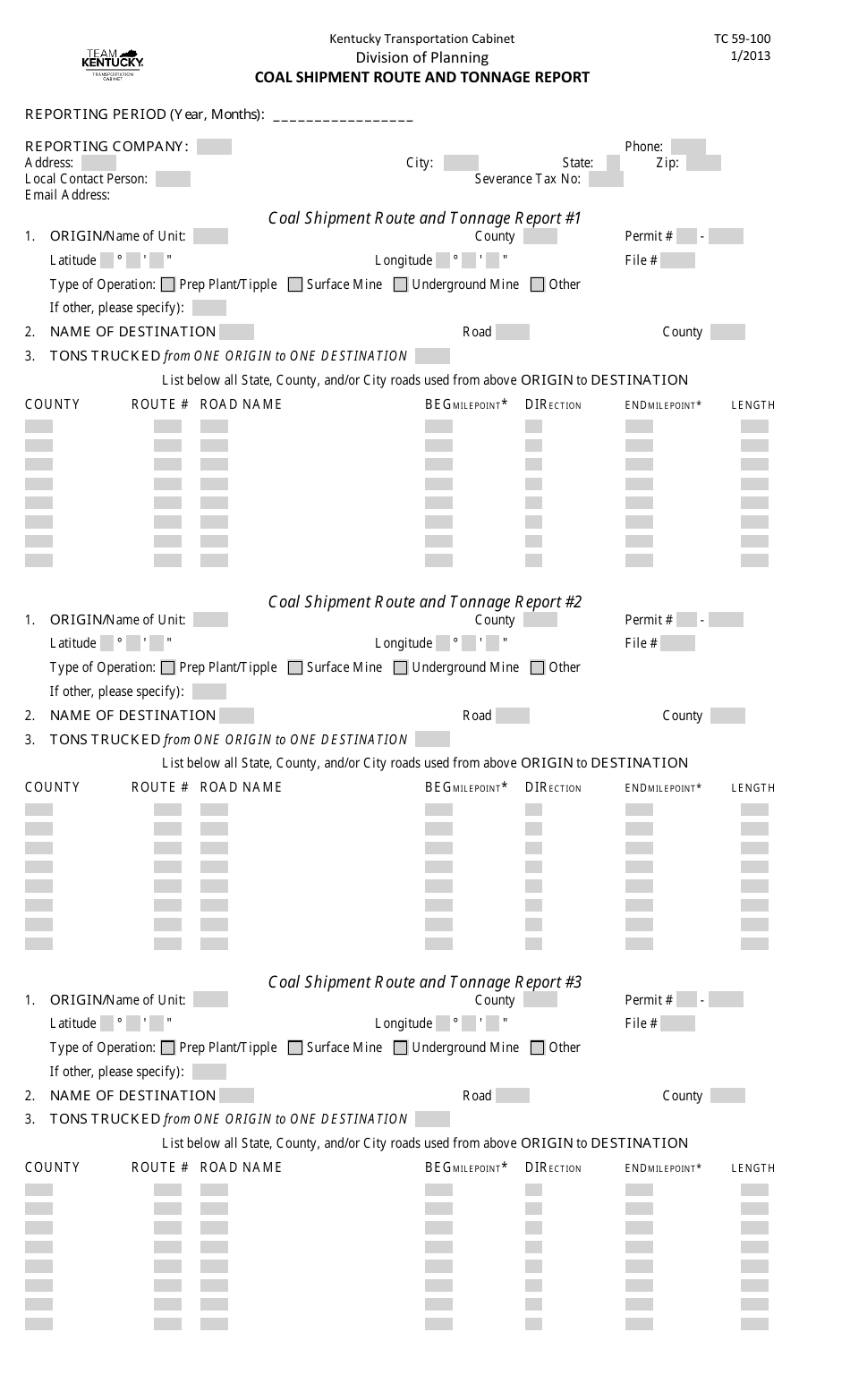 Form TC59-100 Coal Shipment Route and Tonnage Report - Kentucky, Page 2