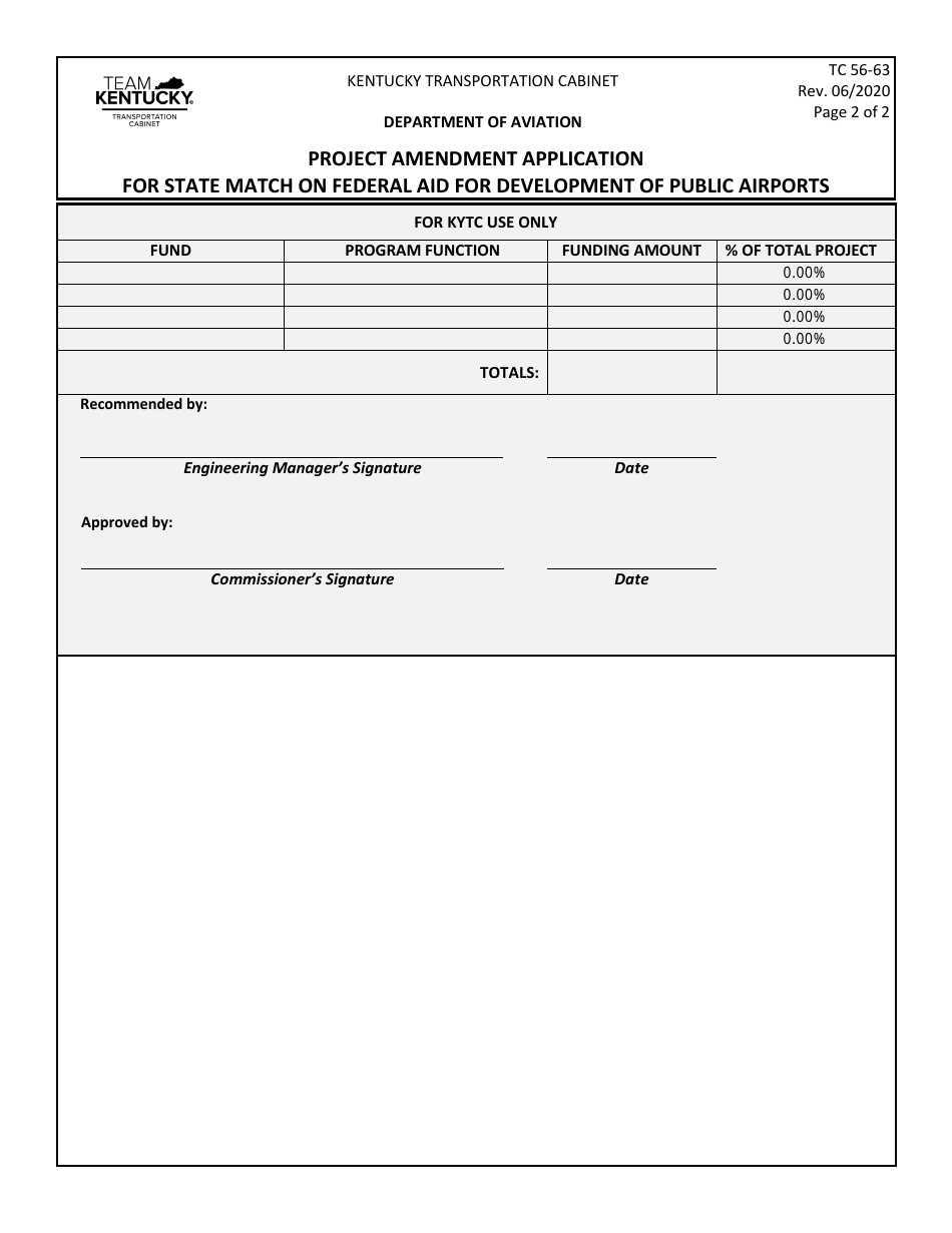 Form TC56-63 Project Amendment Application for State Match on Federal Aid for Development of Public Airports - Kentucky, Page 2