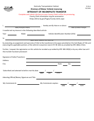 Document preview: Form TC96-3 Affidavit of Incomplete Transfer - Kentucky