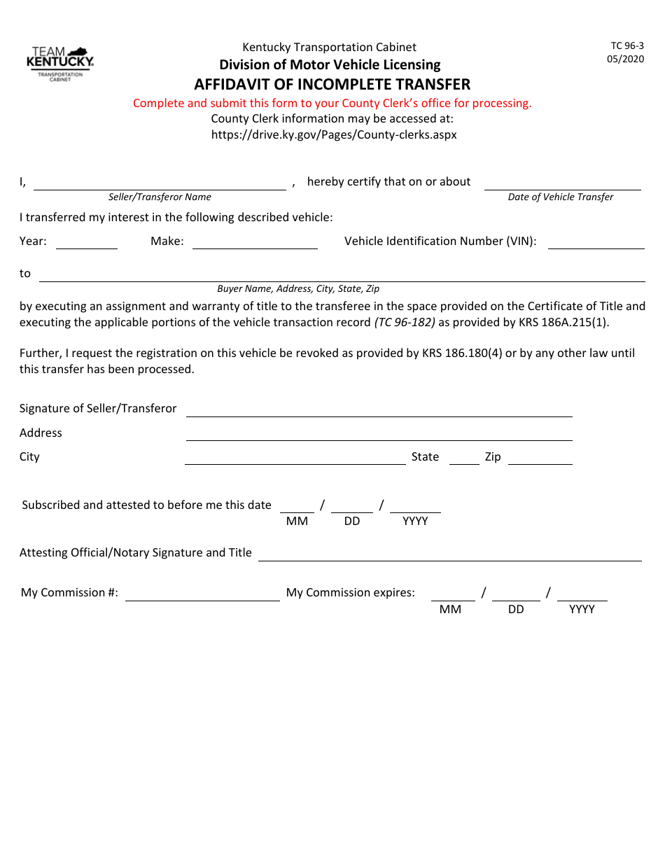 Form TC96-3 Affidavit of Incomplete Transfer - Kentucky, Page 1