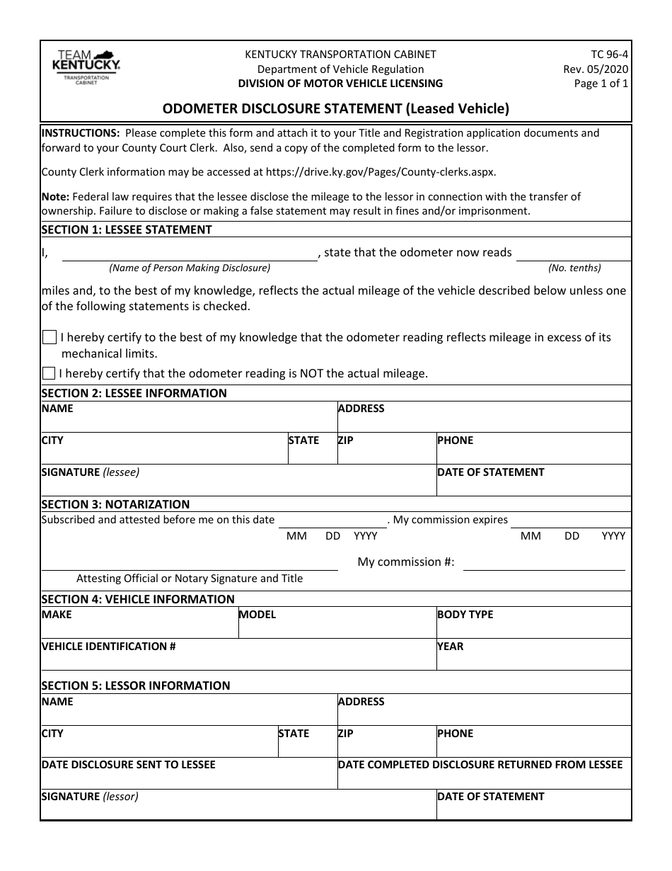 Form TC96-4 Download Printable PDF or Fill Online Odometer Disclosure ...