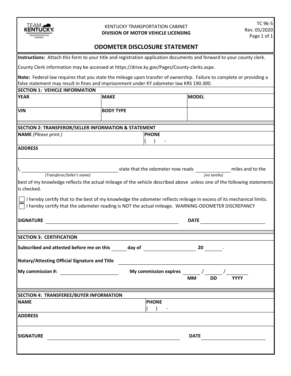 Form TC96-5 Odometer Disclosure Statement - Kentucky, Page 1