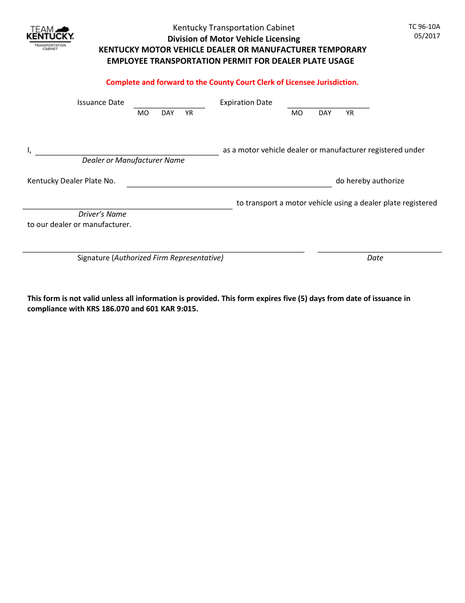 Form TC96-10A Kentucky Motor Vehicle Dealer or Manufacturer Temporary Employee Transportation Permit for Dealer Plate Usage - Kentucky, Page 1