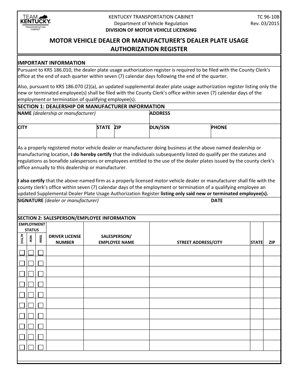 Form TC96-10B Motor Vehicle Dealer or Manufacturer's Dealer Plate Usage Authorization Register - Kentucky, Page 1