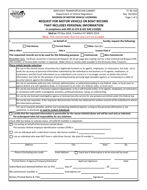 Form TC96-16A Request for Motor Vehicle or Boat Record That Includes Personal Information - Kentucky