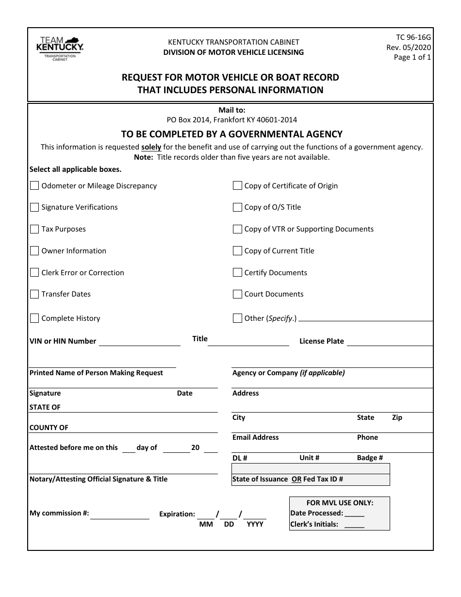 Form TC96-16G Request for Motor Vehicle or Boat Record That Includes Personal Information - Kentucky, Page 1