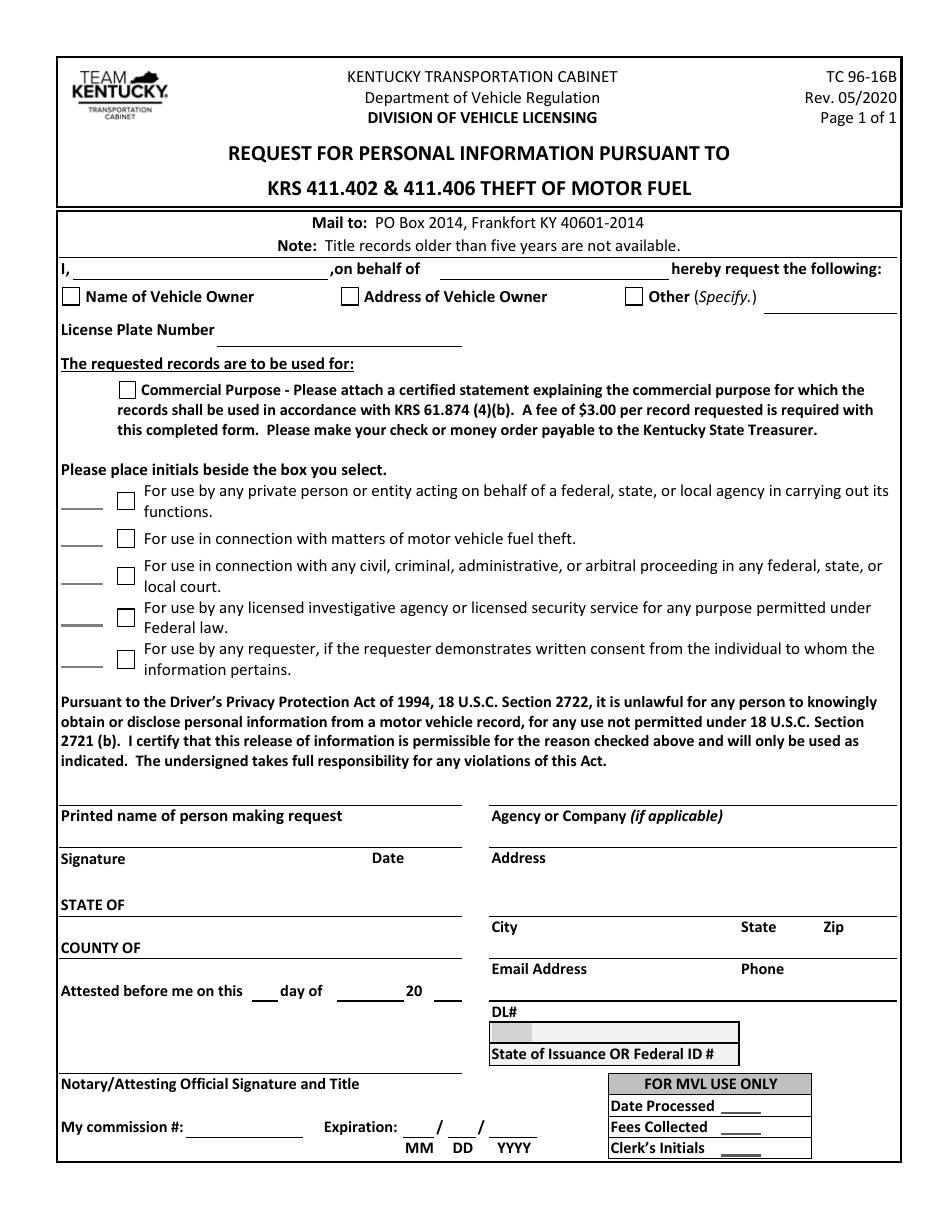Form TC96-16B Request for Personal Information Pursuant to Krs 411.402  411.406 Theft of Motor Fuel - Kentucky, Page 1