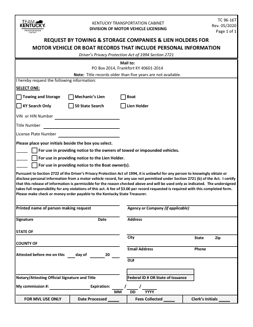 Form TC96-16T Request by Towing & Storage Companies & Lien Holders for Motor Vehicle or Boat Records That Include Personal Information - Kentucky