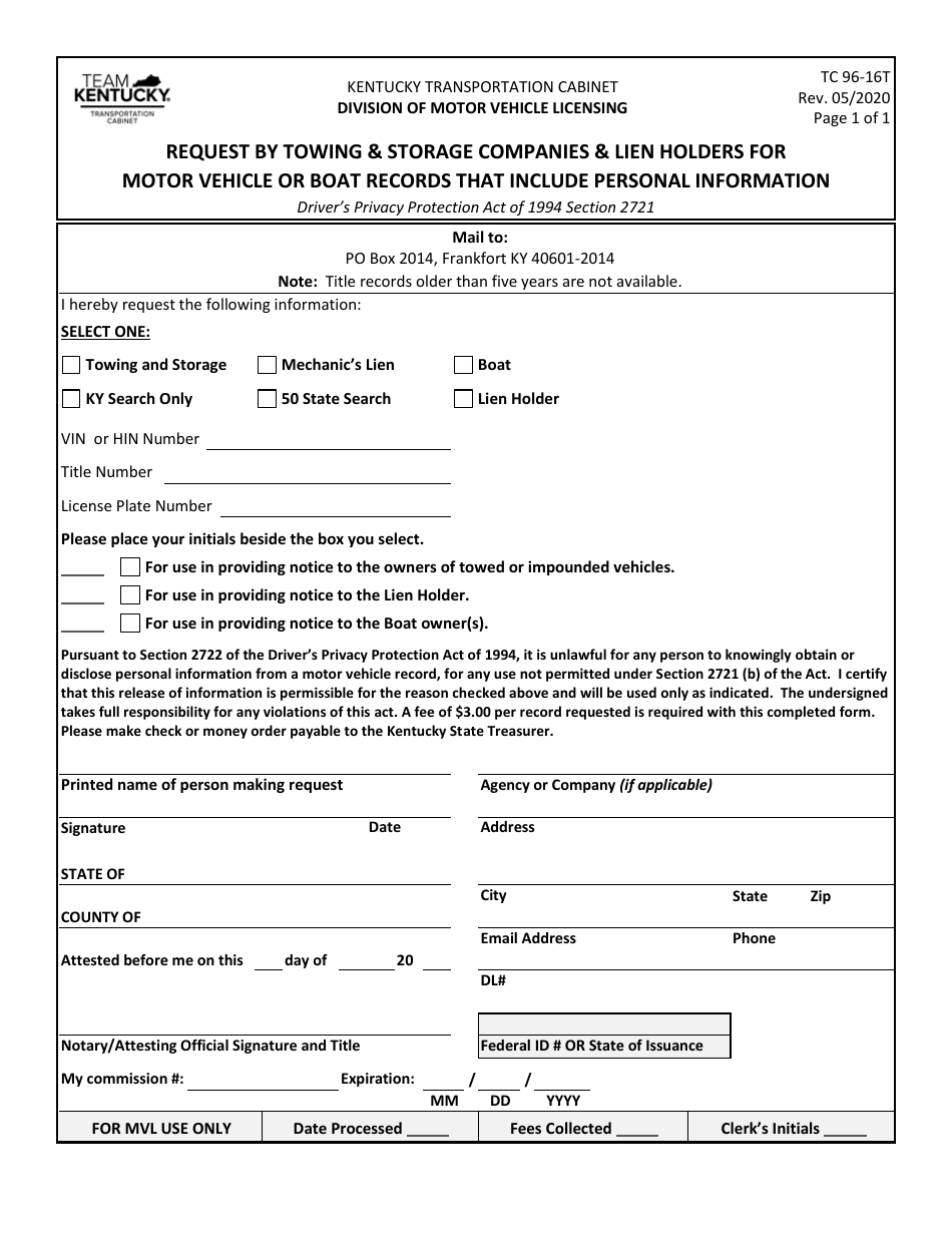 Form TC96-16T Request by Towing  Storage Companies  Lien Holders for Motor Vehicle or Boat Records That Include Personal Information - Kentucky, Page 1