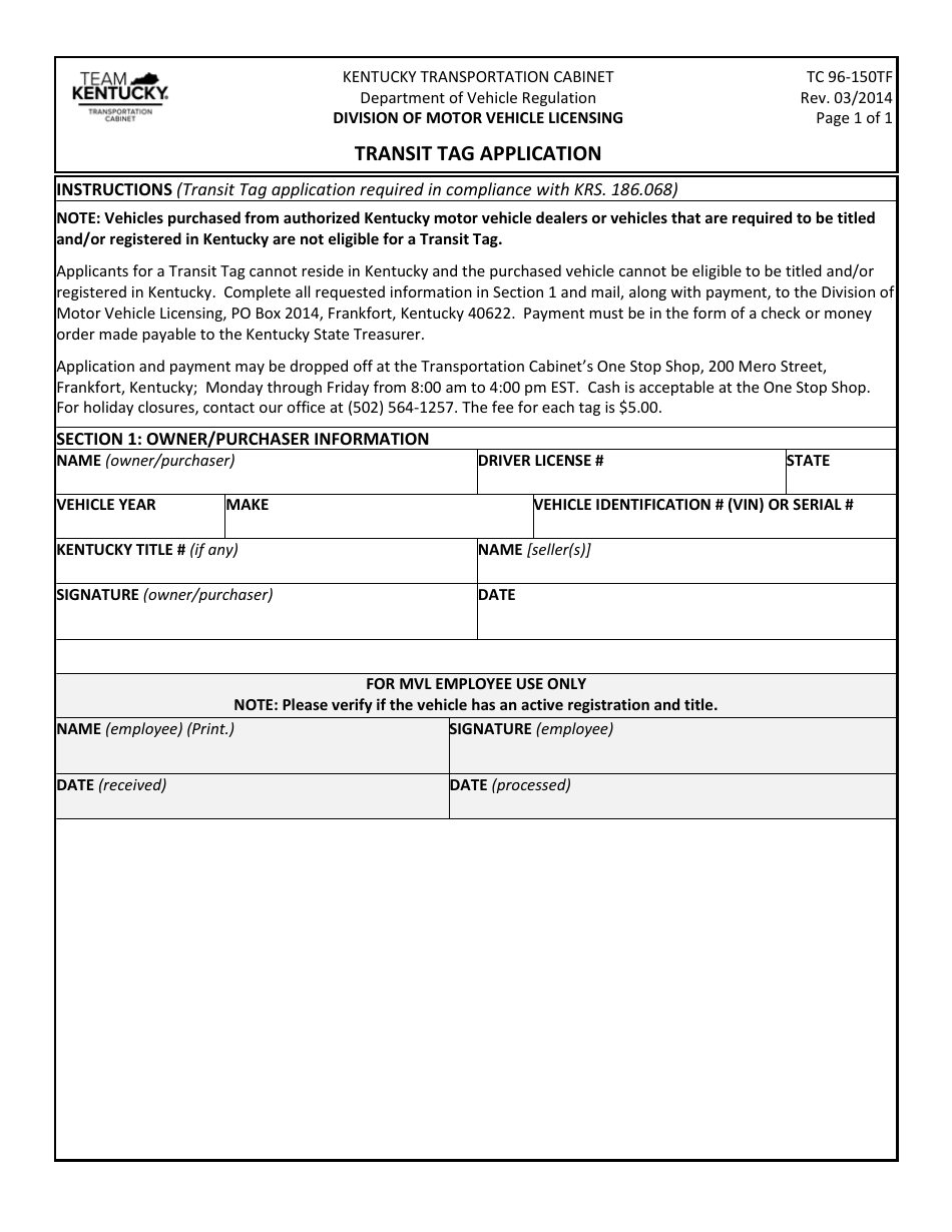 Form TC96-150TF Transit Tag Application - Kentucky, Page 1