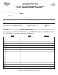 Form TC96-153 Affidavit Supporting Application for License Plates for Manufacturers and Dealers - Kentucky