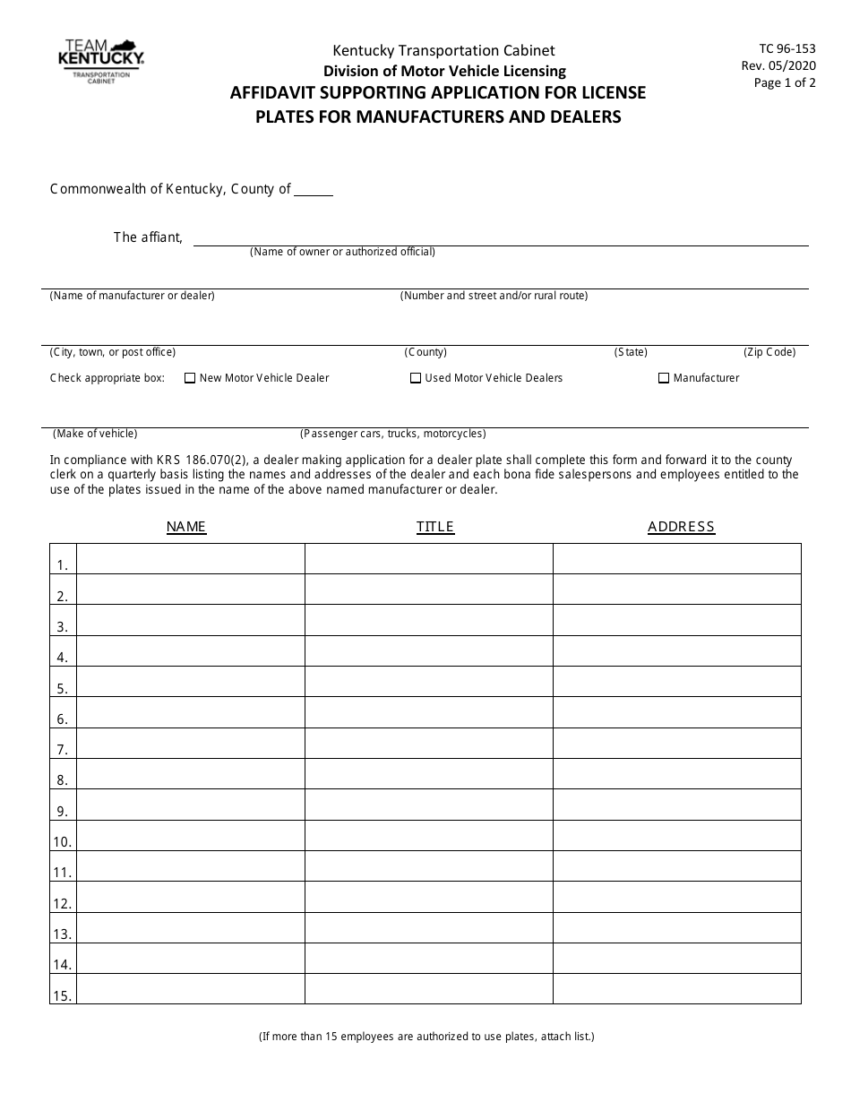 Form TC96-153 Affidavit Supporting Application for License Plates for Manufacturers and Dealers - Kentucky, Page 1