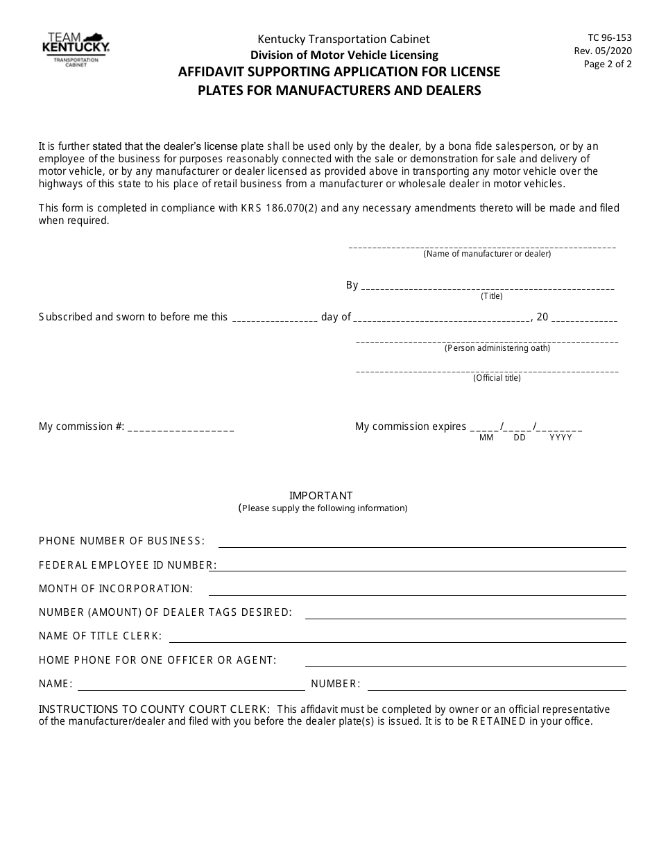 Form TC96-153 Affidavit Supporting Application for License Plates for Manufacturers and Dealers - Kentucky, Page 2