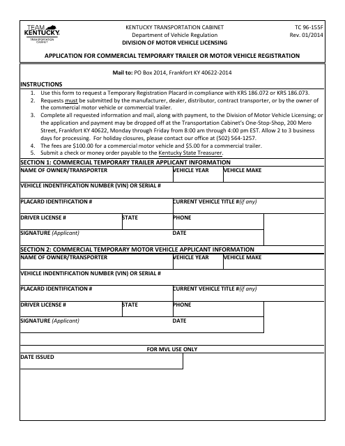 Form TC96-155F Application for Commercial Temporary Trailer or Motor Vehicle Registration - Kentucky