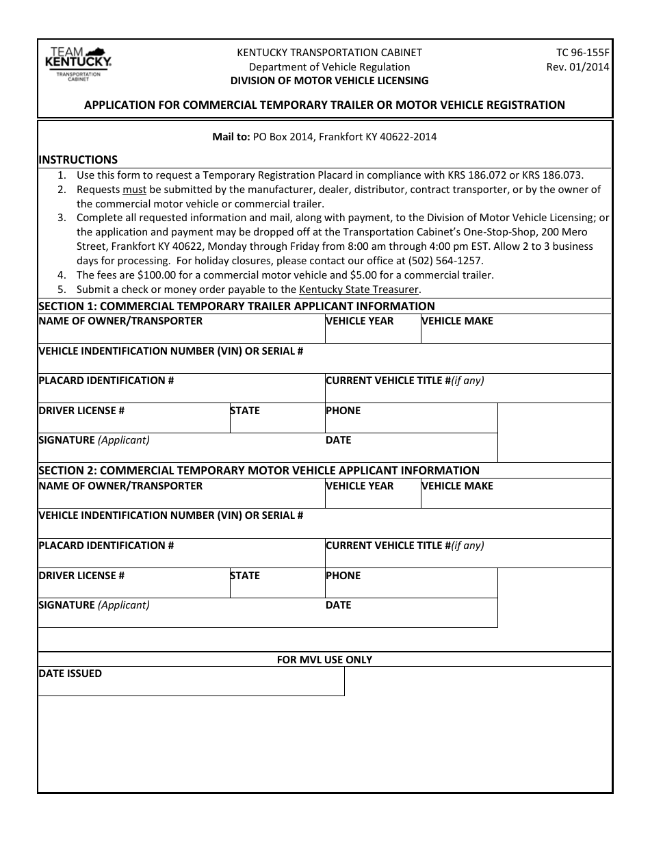 Form TC96-155F Application for Commercial Temporary Trailer or Motor Vehicle Registration - Kentucky, Page 1