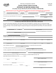 Document preview: Form TC96-159 Affidavit of Motor Vehicle Sale - Kentucky
