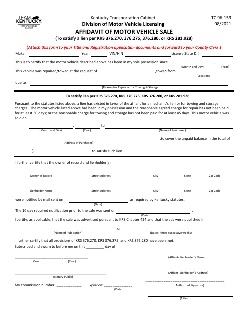 Form TC96-159 Affidavit of Motor Vehicle Sale - Kentucky