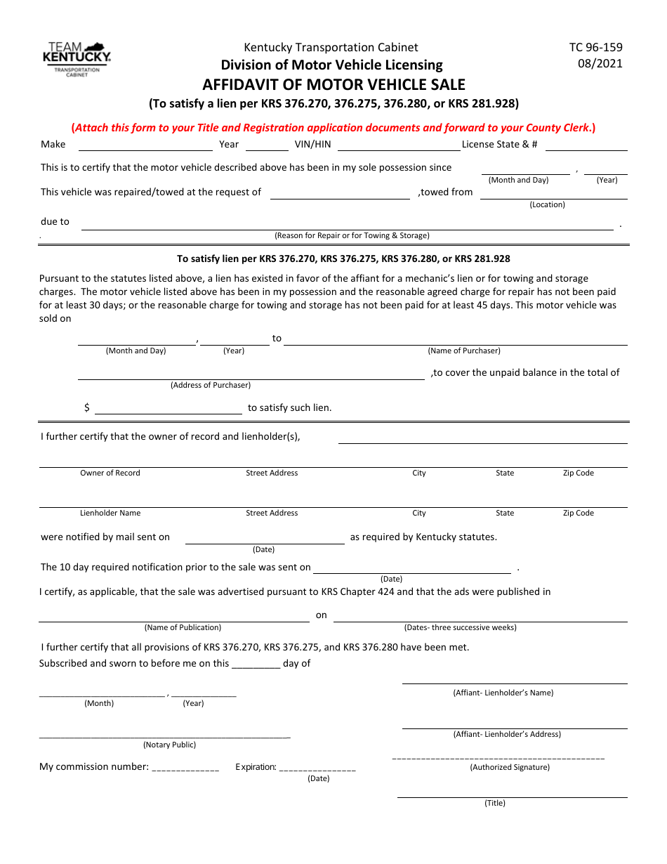Form TC96-159 Affidavit of Motor Vehicle Sale - Kentucky, Page 1