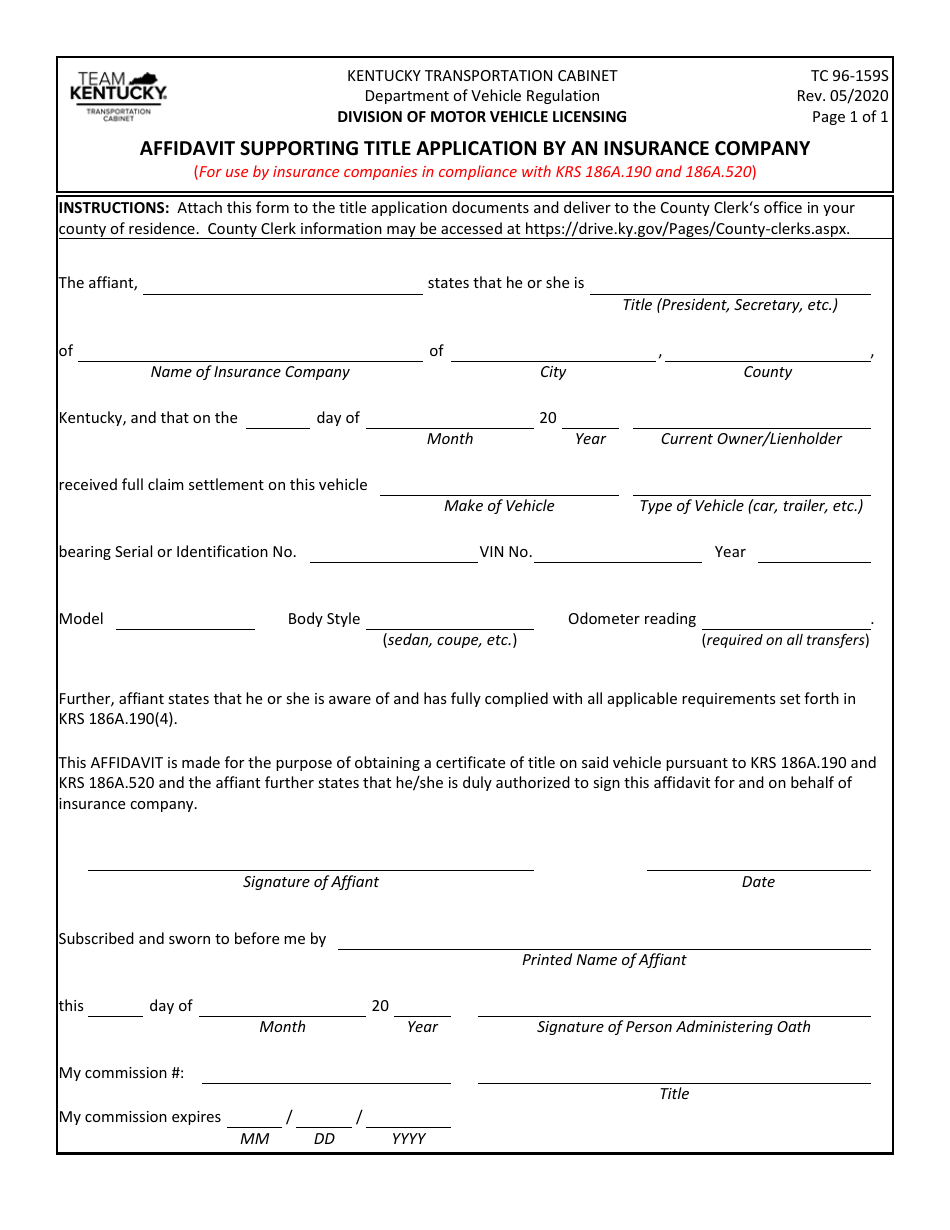 Form TC96-159S Affidavit Supporting Title Application by an Insurance Company - Kentucky, Page 1