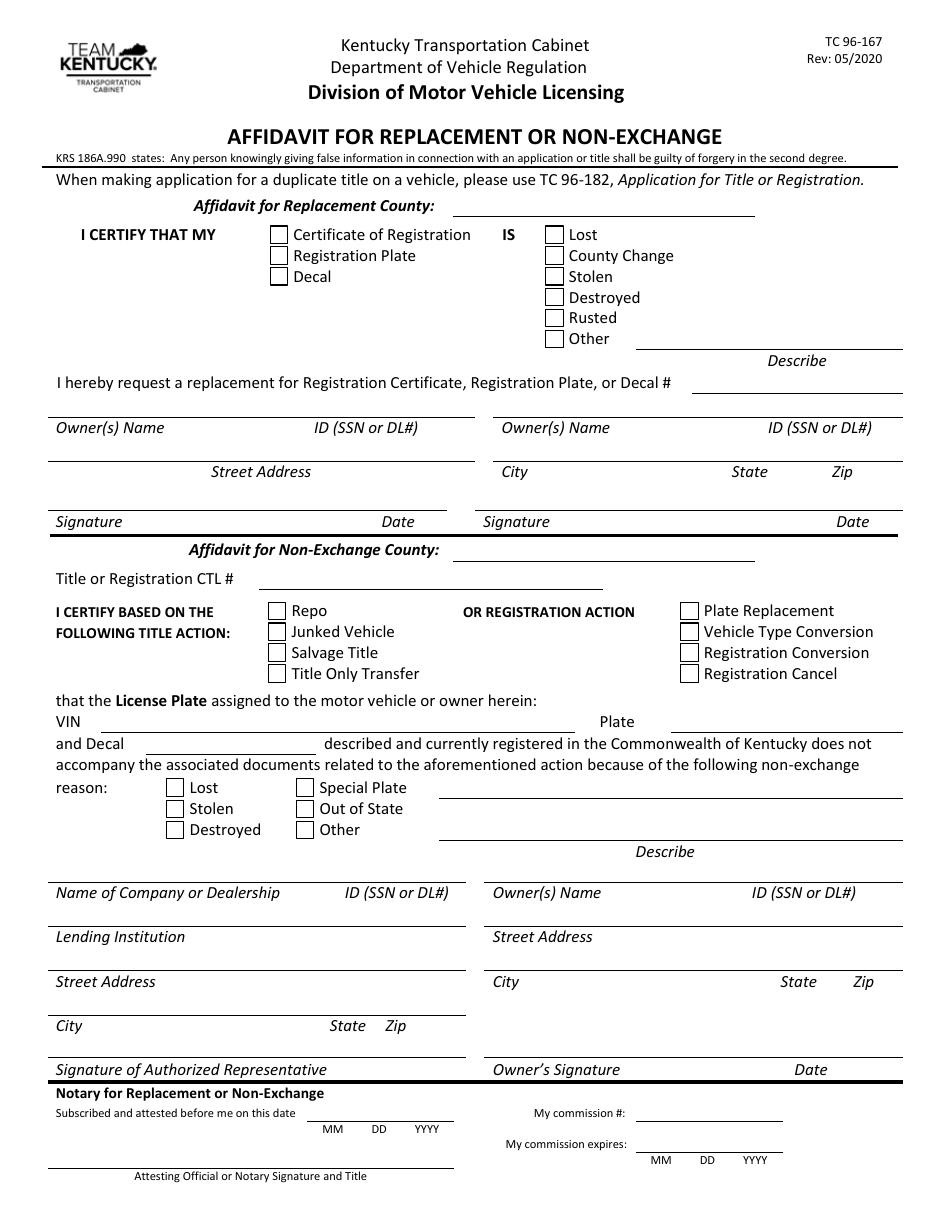 Form TC96-167 Affidavit for Replacement or Non-exchange - Kentucky, Page 1